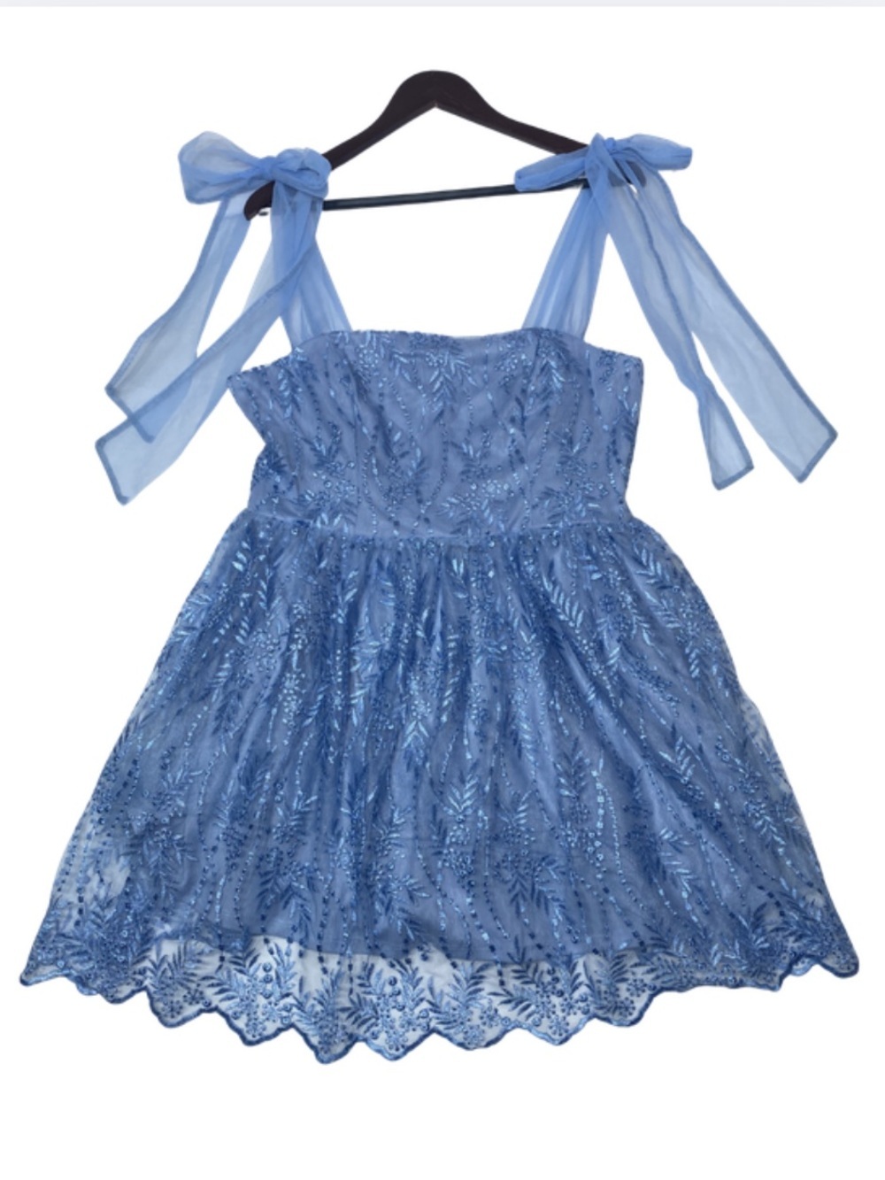 Audrey Parks Blue Floral Tulle Tie Shoulder Mini Dress Women's XL